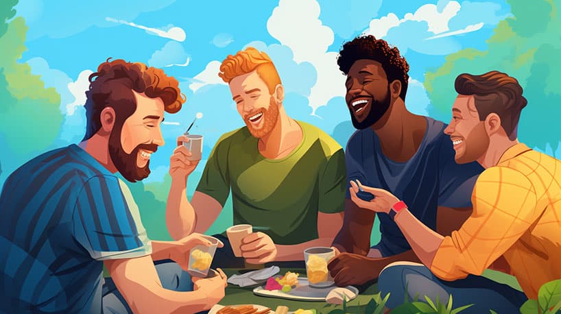 Een diverse groep homovrienden lacht en geniet van een picknick in het park