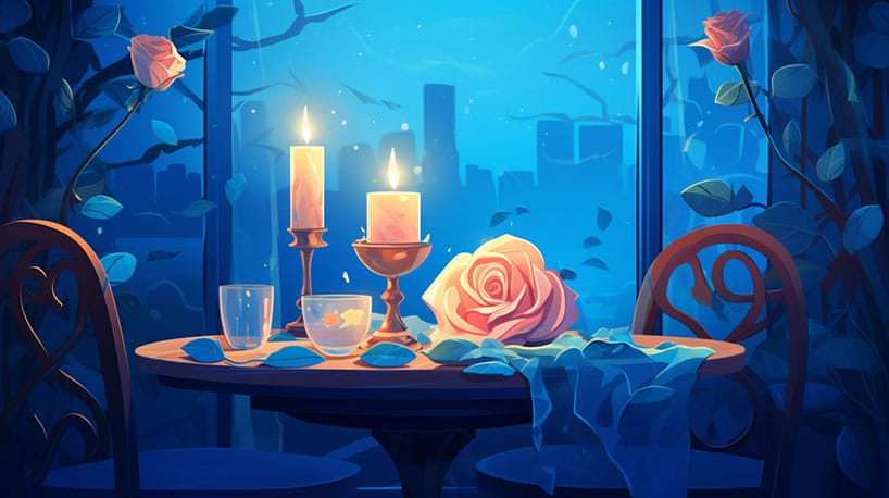 Afbeelding van een romantische setting met kaarslicht dinerr met rozenblaadjes, om de heropleving van de passie in je relatie te symboliseren