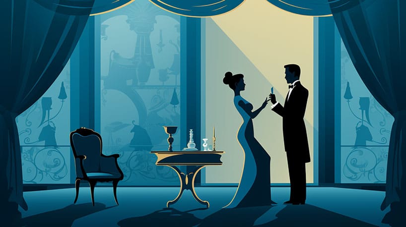 Artistieke voorstelling van een historische scène waarbij een discrete interactie plaatsvindt tussen een dame en een heer in een privésetting.