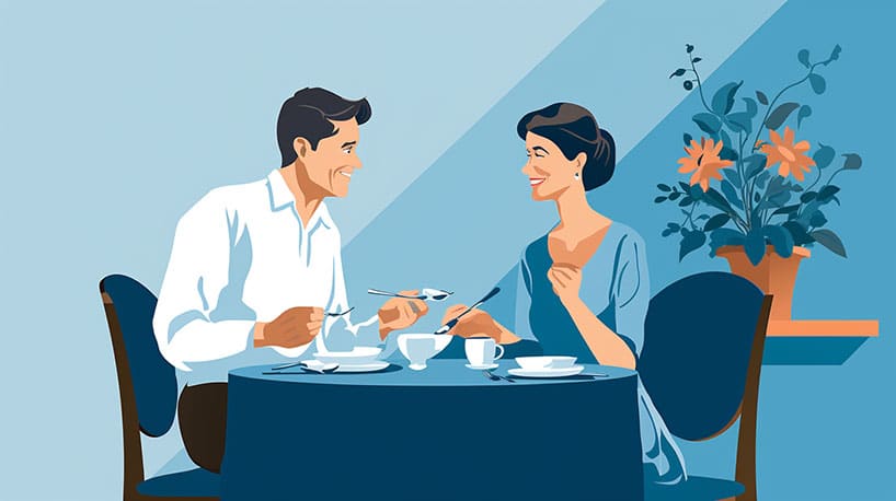 Een afbeelding van een stel, bestaande uit een jongere man en een oudere vrouw (MILF), die samen in een restaurant van een maaltijd genieten.