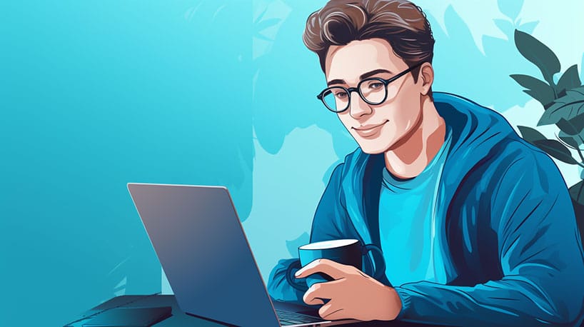 Een afbeelding van een zelfverzekerde jonge man die een MILF-datingwebsite op zijn laptop doorbladert