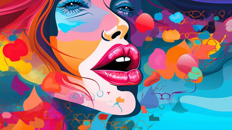 Een levendige en kleurrijke digitale wereld waarin tekstballonnen gevuld met erotische tekst rondzweven