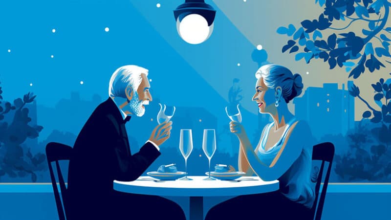Een ouder echtpaar dat geniet van een romantisch diner