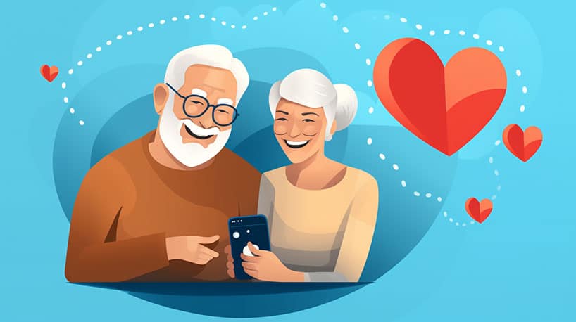 Een ouder echtpaar dat geniet van een videogesprek met een hartemoji in de hoek