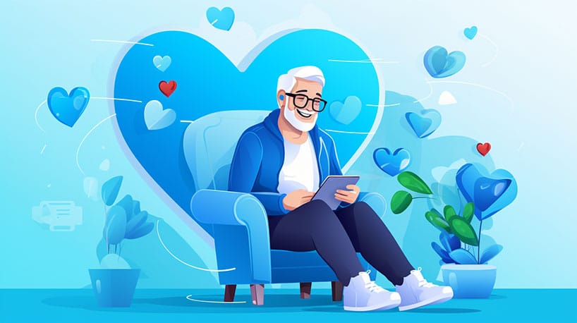 Een oudere persoon die comfortabel thuis zit en en datingsite op een tablet bezoekt