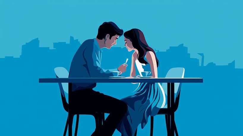 Een paar zit tegenover elkaar aan een cafétafel, hun ogen in een diep gesprek vergrendeld, met een subtiele glimlach die wijst op de mogelijkheid van een kus.
