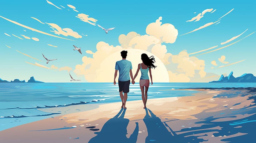 Een stel hand in hand wandelend op een zonnig strand