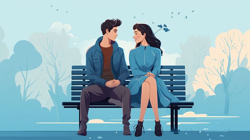 Romantisch moment op een parkbank, twee personen glimlachend en blozend terwijl ze dichter bij elkaar komen voor een mogelijke eerste kus.