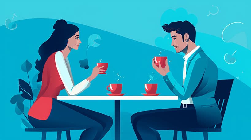 Paar in café met koffie, diep gesprek, mogelijke tweede date.