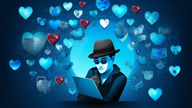ollage van online dating: harten, berichten en profielfoto's met Incognito-masker voor anonimiteit.