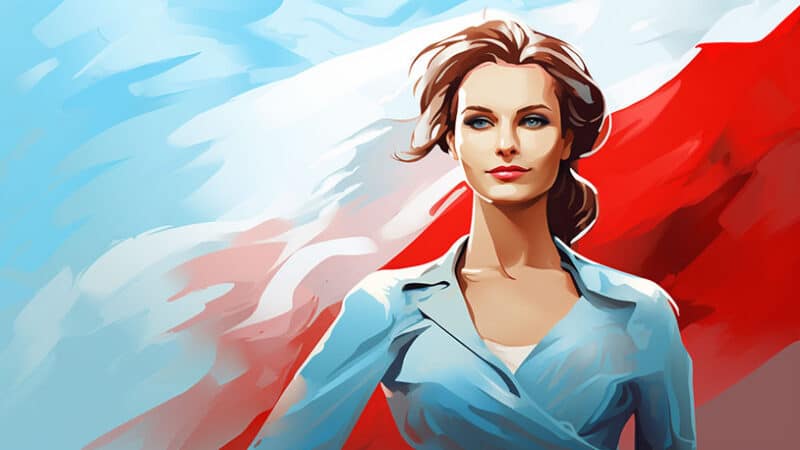 Prachtige Poolse vrouw staand voor een Poolse vlag.