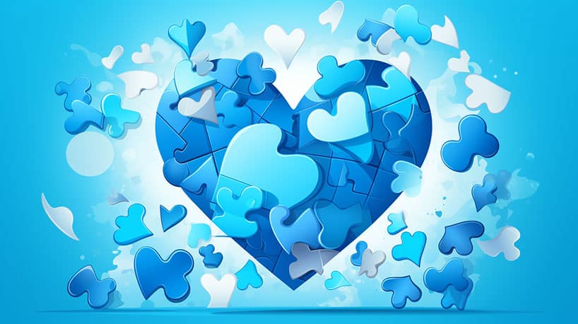 Een hartvormige puzzel met stukjes die verschillende elementen van ware liefde vertegenwoordigen
