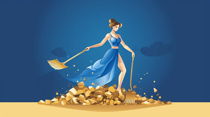Jonge vrouw met goudkleurige schep, symbool voor figuurlijk graven naar rijkdom