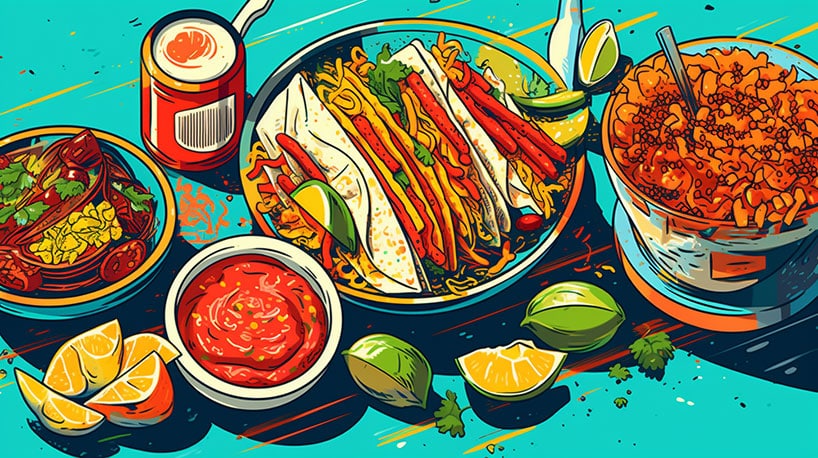 Kleurrijke mix van Mexicaanse klassiekers: tacos, enchiladas, guacamole en churros, boordevol pittige smaken.