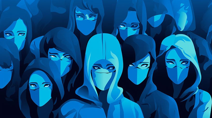 een groep mensen met onherkenbare gezichten, symbool voor de anonimiteit van online daten