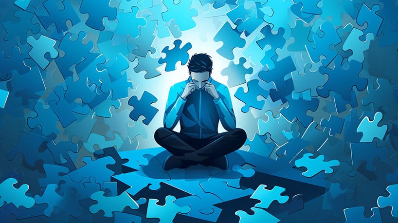 persoon omringd door puzzelstukjes signalen ongelukkige relatie
