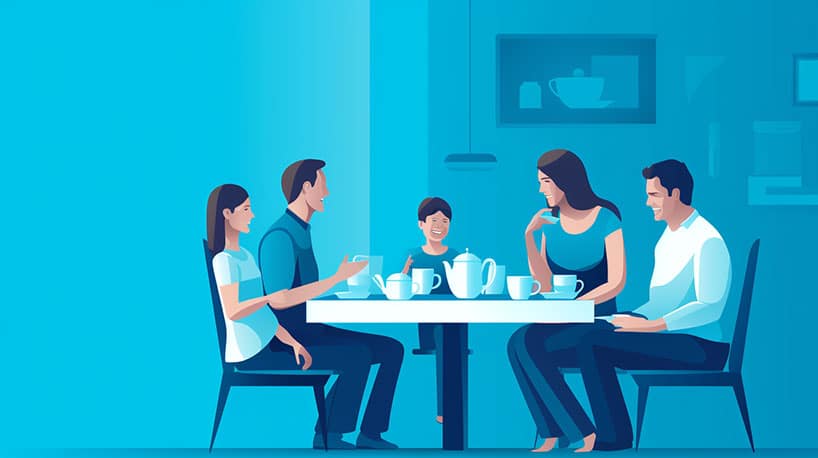 Date en familie in gesprek aan tafel, begripvol