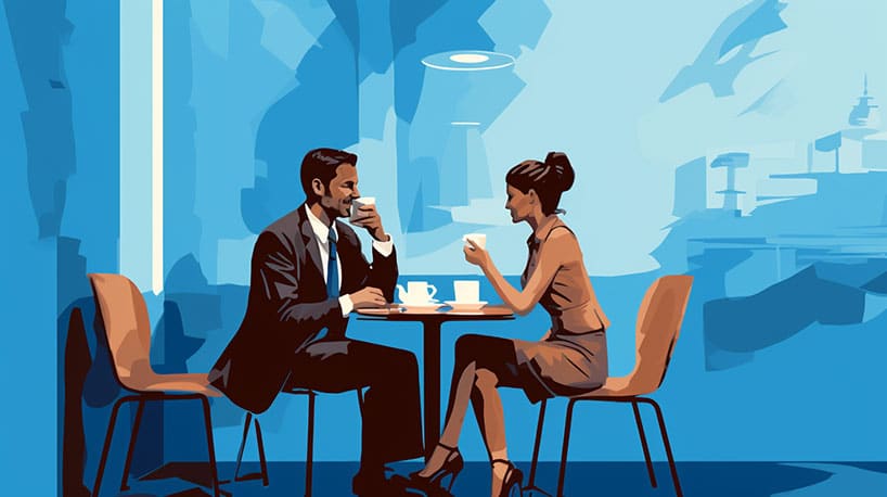 Een ontspannen koffiehoek in een café waar twee mensen genieten van een informeel gesprek