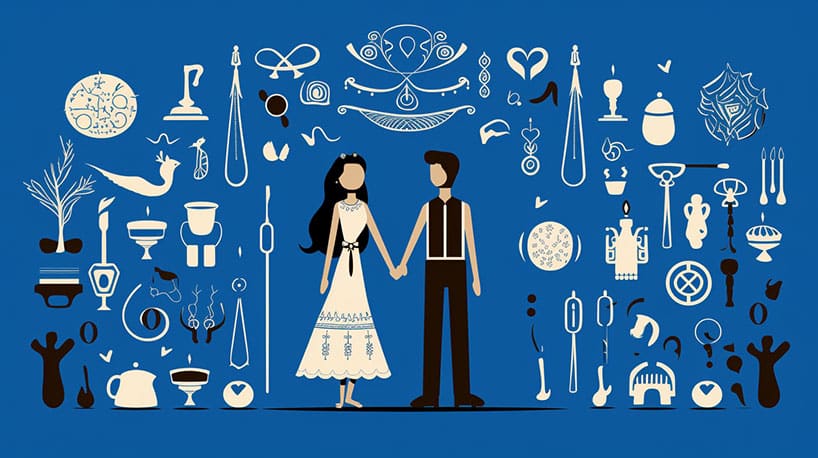 Illustratie van culturele symbolen voor liefde en gearrangeerd huwelijk