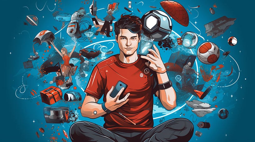 Mars Man omringd door tech, sport en nieuws symbolen.