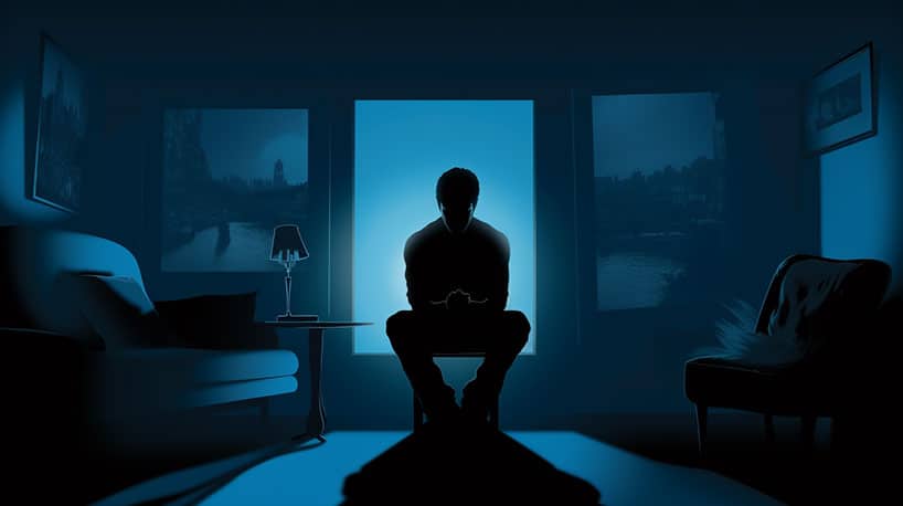 Eenzame figuur in schemerige kamer reflecteert eenzaamheid
