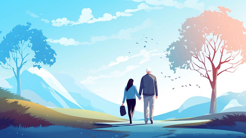 Samen op pad: Oudere man en jongere vrouw wandelen.