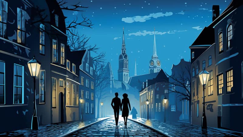 Koppel wandelt hand in hand door charmante straten in Hasselt, historische gebouwen en zacht straatlicht.