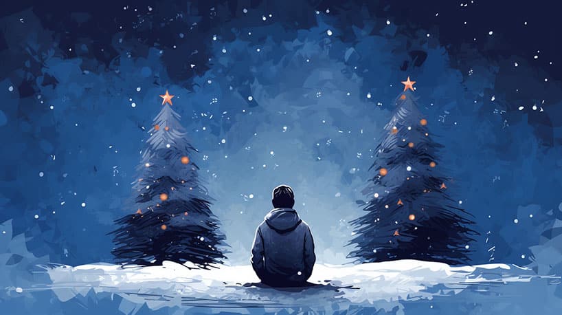 Alleenstaande figuur bij kerstboom, weerspiegelt eenzaamheid tijdens feestdagen.