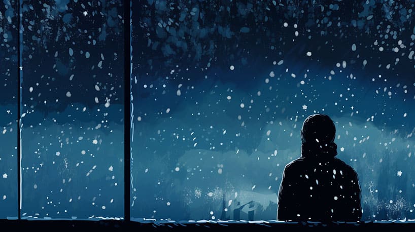 Persoon kijkt uit raam naar vallende sneeuwvlokken, benadrukt eenzaamheid tijdens feestdagen.