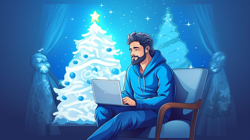 een man in een woonkamer met een kerstboom zit achter een laptop een datingsite te bekijken 