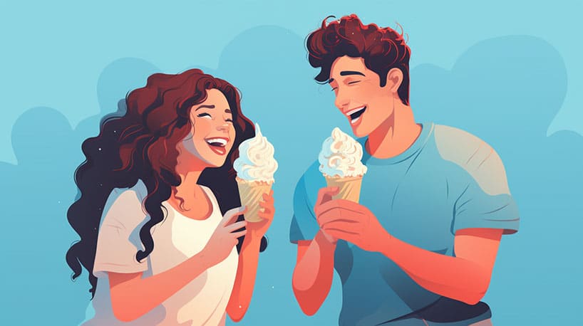 twee mensen die vrolijk een ijsje delen