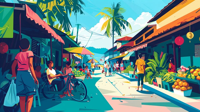 Dagelijks leven van Filipino's: markten, platteland, stadsstraten.