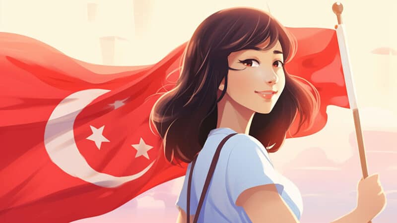 mooie Singaporese vrouw voor de vlag van Singapore.