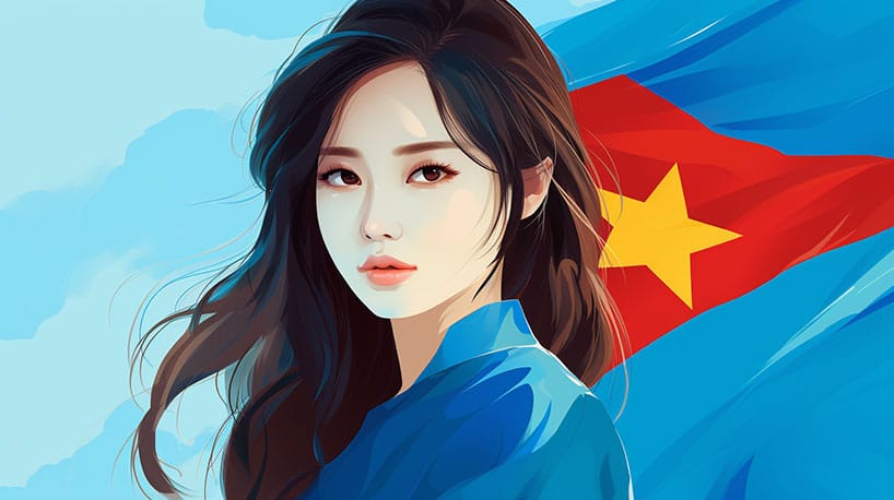 Een mooie Vietnamese vrouw voor de Vietnamese vlag.