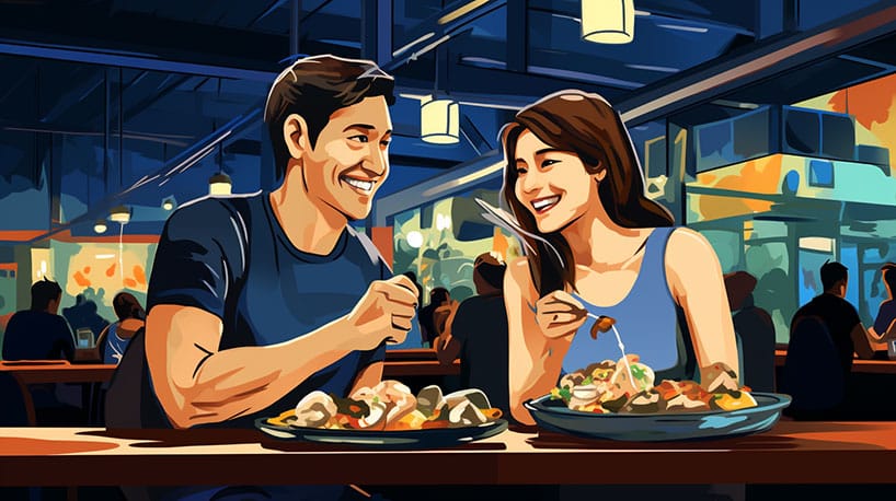Een stel dat geniet van een date in een lokaal Singaporees eetcentrum