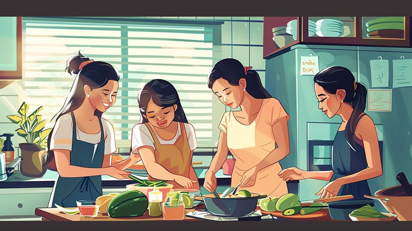 Filipijnse vrouwen zorgen voor familie: samen koken, klusjes.