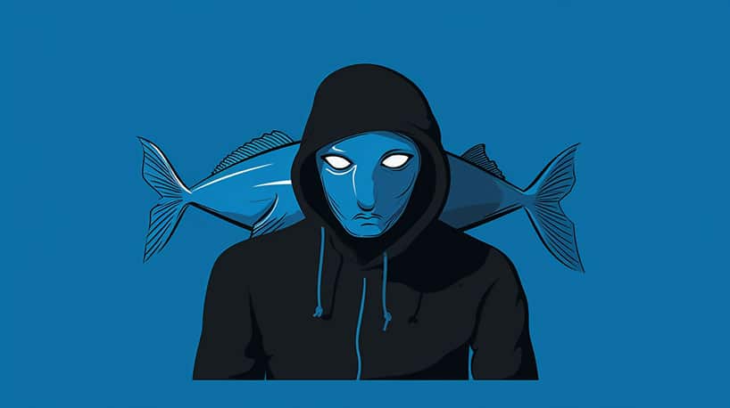 : Illustratie van catfish met masker, symboliseert valse identiteit.