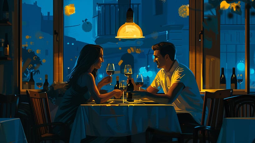 Koppel geniet van romantisch diner date in Italiaans restaurant.