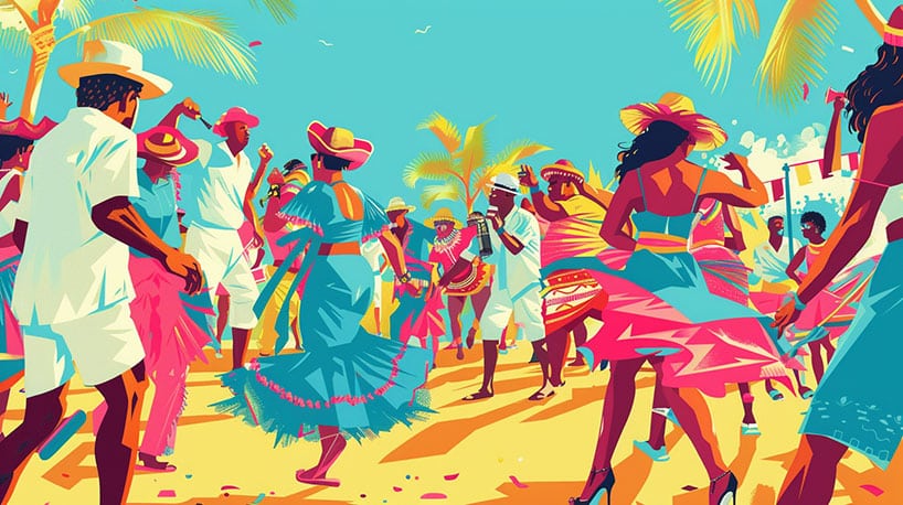 Mensen dansen in kleurrijke traditionele klederdracht tijdens Arubaans carnaval.