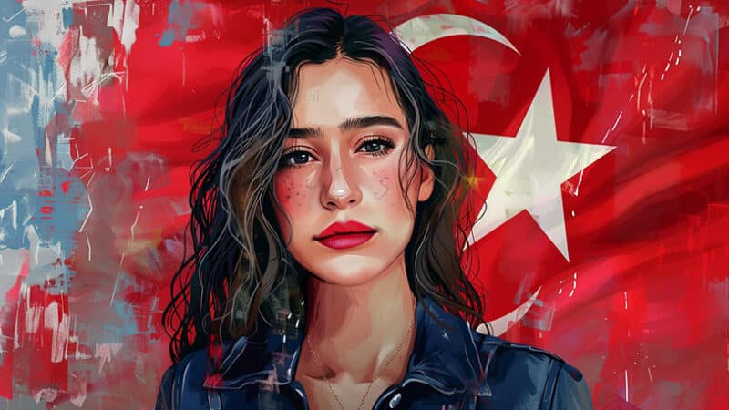 Mooie Turkse vrouw staat voor een Turkse vlag