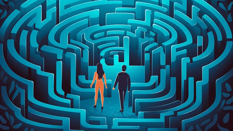 Relatietherapeut leidt individuen en koppels door uitdagend labyrint.