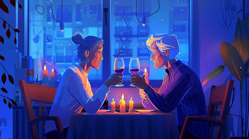 Stel in de vijftig geniet van romantisch date diner thuis.