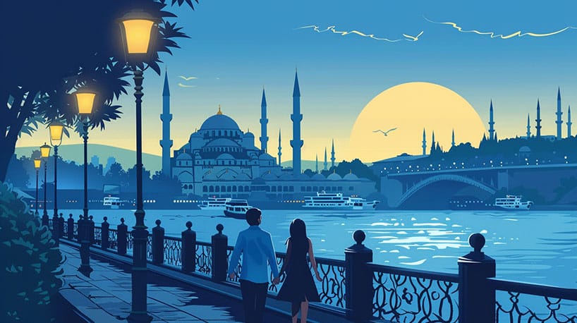 Stel loopt hand in hand door Istanbul.