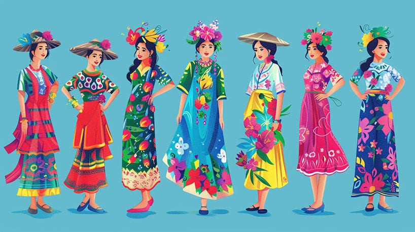 Traditionele kleding van Filipijnse vrouwen in diverse regio's.