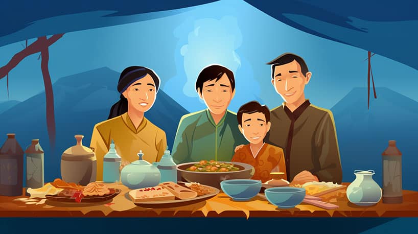 Vietnamese familie deelt traditionele maaltijd, benadrukt culturele tradities.