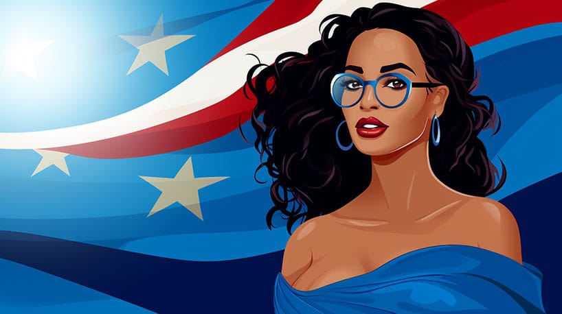 een mooie Kaapverdiaanse vrouw voor de vlag van Kaapverdië.