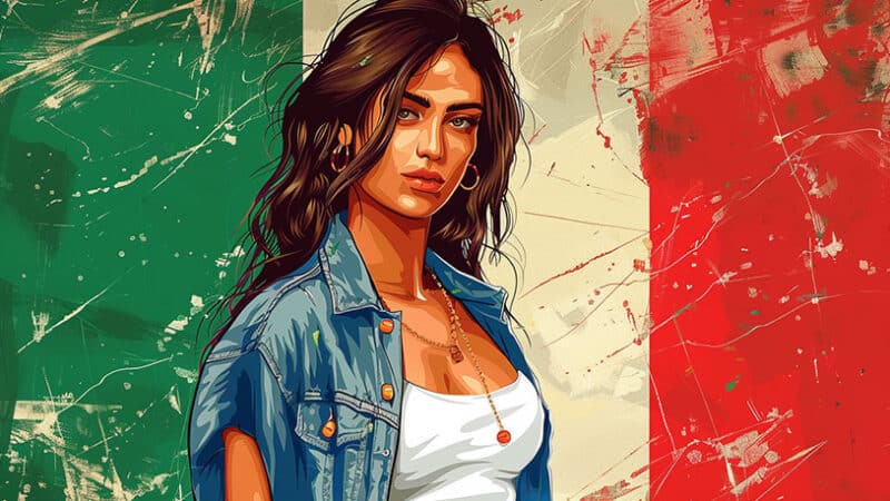 prachtige Italiaanse vrouw staat voor een Italiaanse vlag