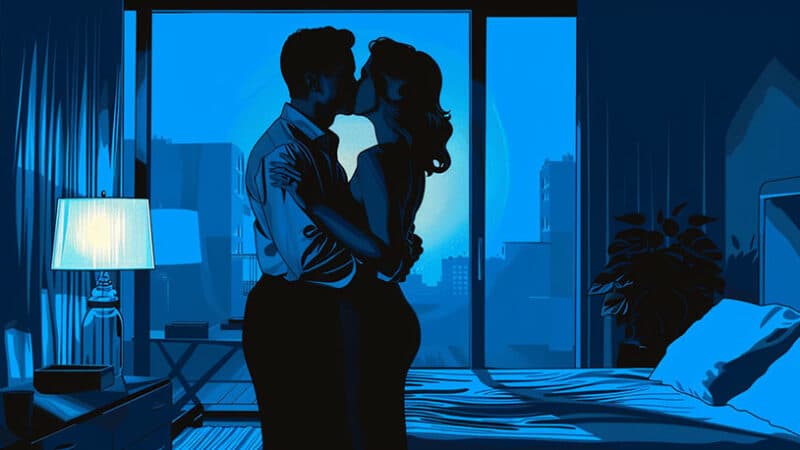 seksrelatie man en vrouw die kussen in een hotelkamer