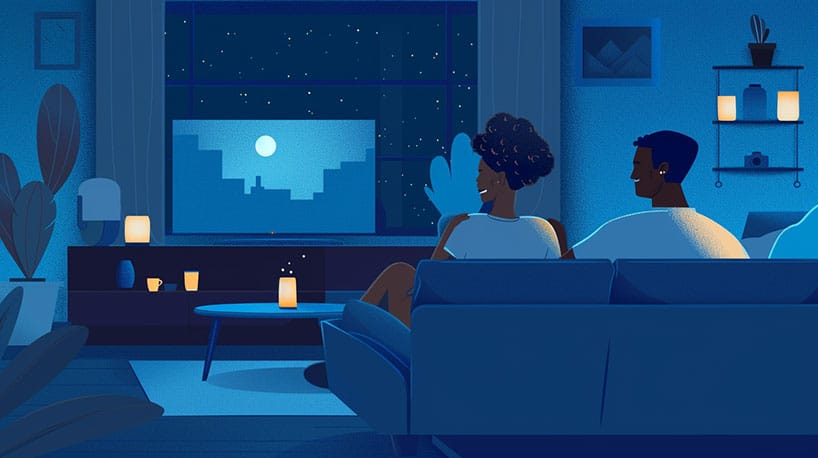 Afbeelding: twee vrienden kijken samen naar een film
