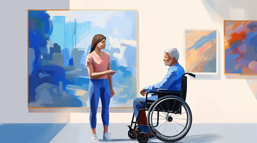 Afbeelding van een jonge vrouw die een oudere man in een rolstoel door kunstgalerijtentoonstellingen leidt.